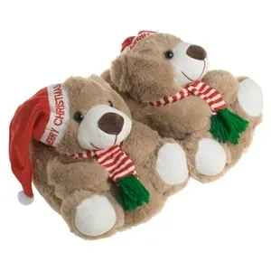Papuci ursuleti 3D de Crăciun cu caciule roz și mesaj Merry Christmas