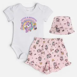 Set de Vară Unicorn Alb și Roz pentru Bebeluși - 3 Piese