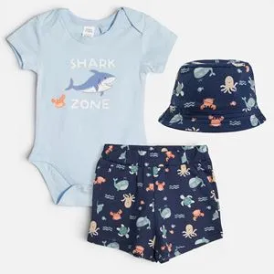 Set de vara pentru bebelusi din bumbac, 3 piese: body cu maneca scurta, pantaloni scurti si palarie, Albastru