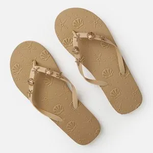 Flip-flops de vară bej cu detalii metalice și scoici