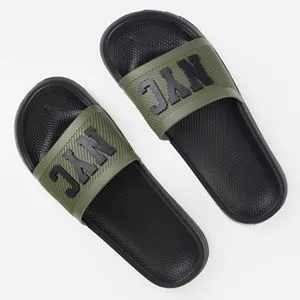 Papuci de plaja tip slides pentru barbati, negri cu dungi kaki