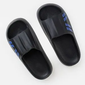 Slapi tip slides pentru barbati, negri cu dunga albastra, pereche