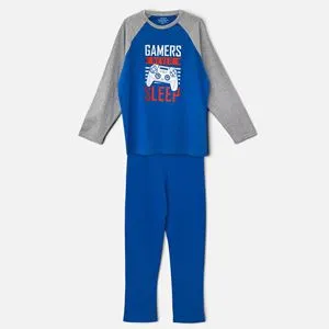 Pijamale de iarna din bumbac pentru barbati, bluza albastra cu imprimeu gamer si