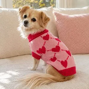 Pulover Roz cu Inimi Roșii pentru Animale de Companie