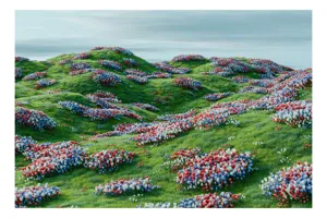 Tablou Canvas, "Câmpie cu flori multicolore sub cer noros", Verde, Coline, Flori, Colorate, Cer, Noros, Primăvară, Păduri, Vesele, Natură, 50 x 50 cm