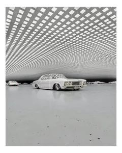 Tablou Canvas, "Mașini într-un tunel futurist alb", Mașină, Vechi, Retro, Futuristic, Alb, Elegant, Luminos, Grilaj, Reflecție, Parcare., 100 x 100 cm