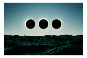 Tablou Canvas, "Trei eclipse peste ocean infinit", Stele, Noapte, Cer, Ocean, Mister, Eclipse, Lumină, 54 x 39 cm