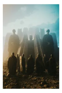 Tablou Canvas Cavaleri în fața cetății misterioase - Artă Monumentală, 50 x 70 cm