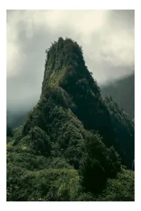 Tablou Canvas, "Vârful învăluit de ceață misterioasă", Misterios, Impunător, Pitoresc, Verde, Monumental, Mistic, Sălbatic, Stâncos, Natură, Înalțime, 100 x 100 cm