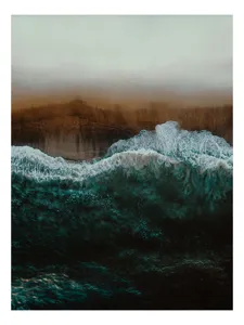 Tablou Canvas, "Marea îmbrățișând țărmul arid", Valuri, Spumă, Țărm, Nisip, Ocean, Natură, Calm, Albastru, 26 x 39 cm