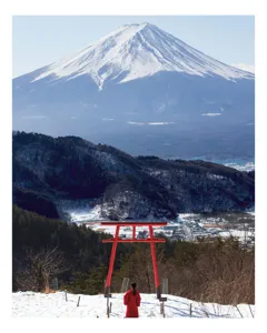 Tablou Canvas, "Admirând peisajul muntelui înzăpezit", Munte, Zăpadă, Torii, Persoană, Peisaj, Natură, Vedere, Iarnă, Liniște, Japonia, 50 x 70 cm