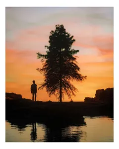 Tablou Canvas, "Singurătate sub cerul înserării", Silhouette, Tree, Sunset, Reflection, Sky, Solitude, Tranquility, 50 x 90 cm