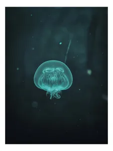 Tablou Canvas, "Meduză plutind în ocean întunecat", Mister, Luminiscență, Profunzime, Delicatețe, Fluiditate, Misterios, Etereal, Subacvatic, Calm, Frumusețe, Transparență, Singurătate, 100 x 100 cm