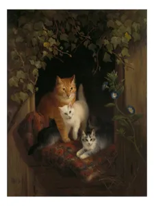 Tablou Canvas, "Familie de pisici în grădină linistită", Pisici, Blană, Mușcate, Frunze, Covor, Întuneric, Flori, Lumină, Îmbrățișare, Exuberanță, 39 x 54 cm