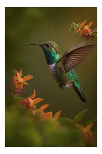 Tablou Canvas, "Colibriul dansând printre flori colorate", Colibri, Zbor, Florile, Verde, Aripi, Natură, Grație, 100 x 150 cm