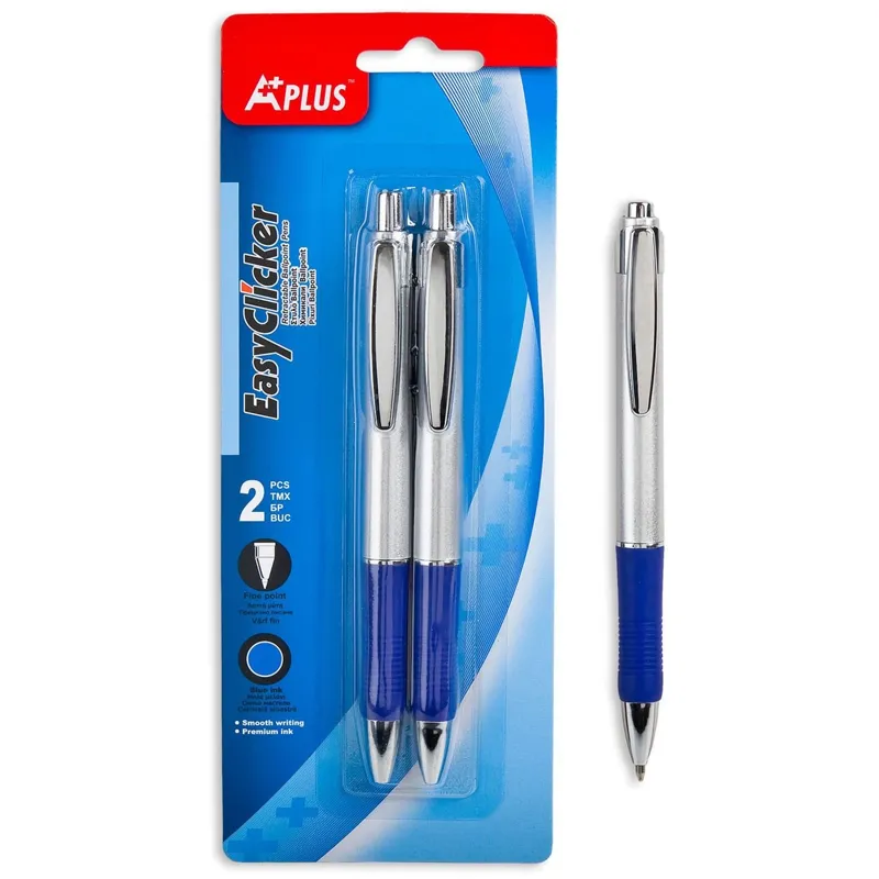 Set 2 Pixuri cu Mâner de Cauciuc, Bleu și Argintiu, Cerneală Albastră