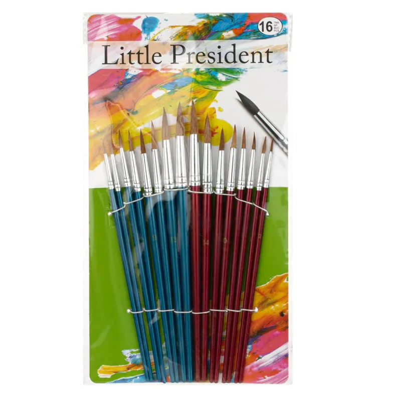 Set 16 pensule pictură cu vârf rotund, păr natural, mânere colorate
