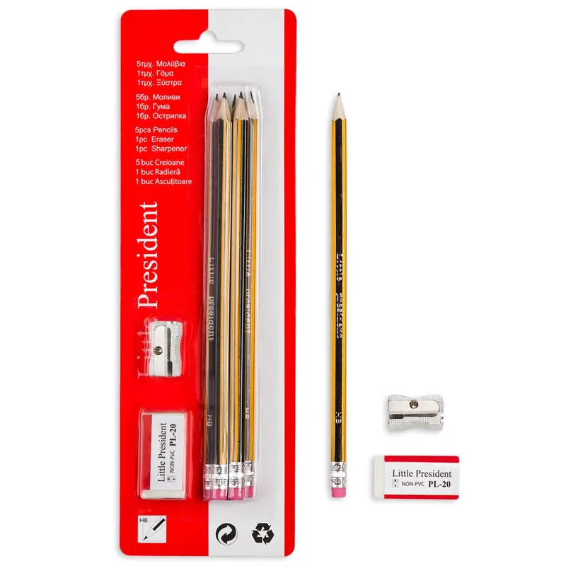 Set creioane cu radiera si ascutitoare, 7 buc, Galben/Negru