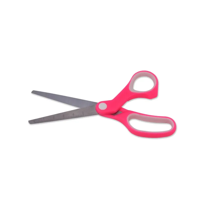 Foarfecă școlară cu vârf rotunjit, 15 cm, fucsia, din oțel inoxidabil, cu riglă și mâner moale