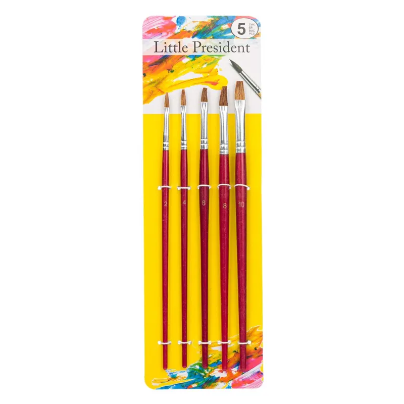 Set 5 pensule pictură cu vârf plat, păr natural, mâner lemn