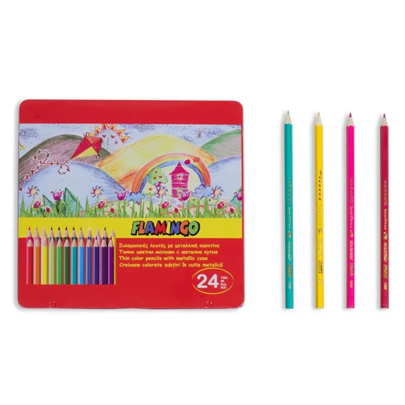 Set creioane colorate subțiri cu cutie metalică, 24 bucăți – poza 2