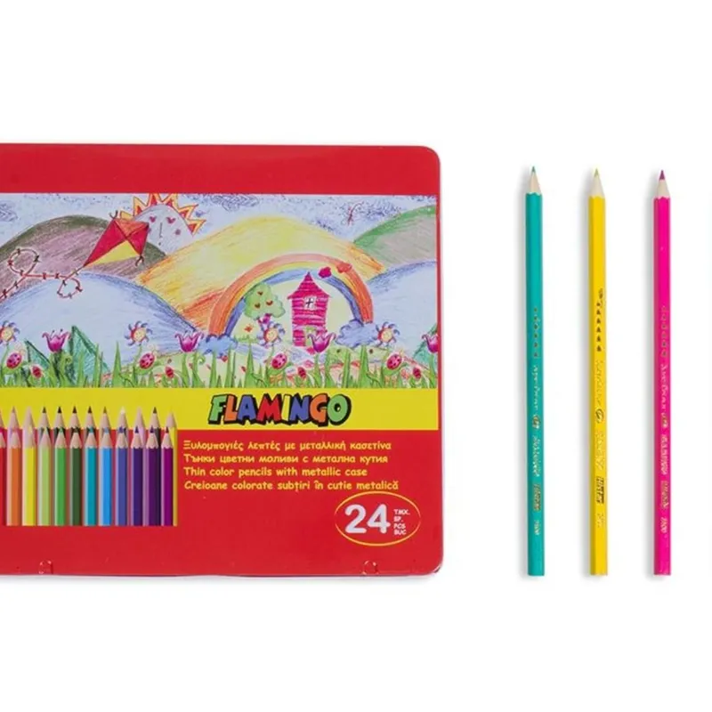 Set creioane colorate subțiri cu cutie metalică, 24 bucăți – poza 3