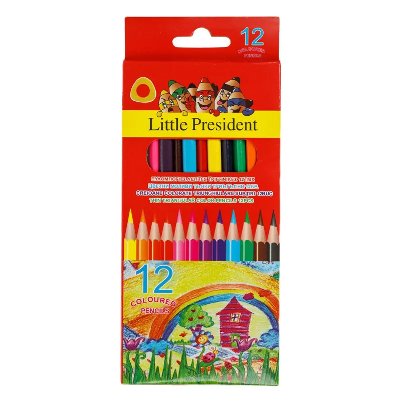 Set 12 Creioane Colorate Triunghiulare cu Ascuțitoare pentru Copii