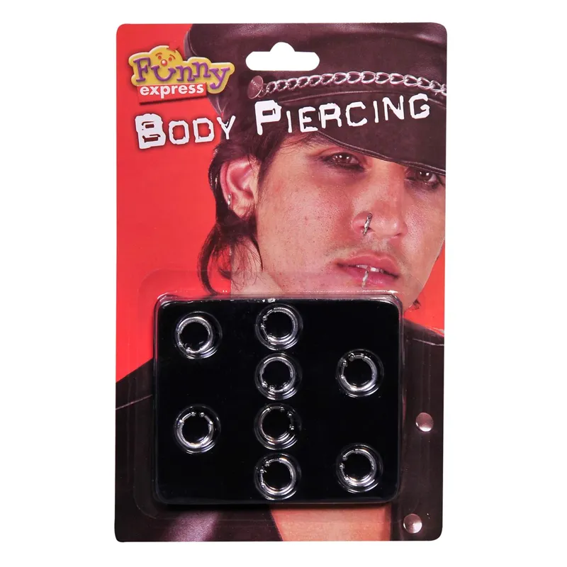 Set de 8 cercei tip body piercing din metal, argintiu, stil punk