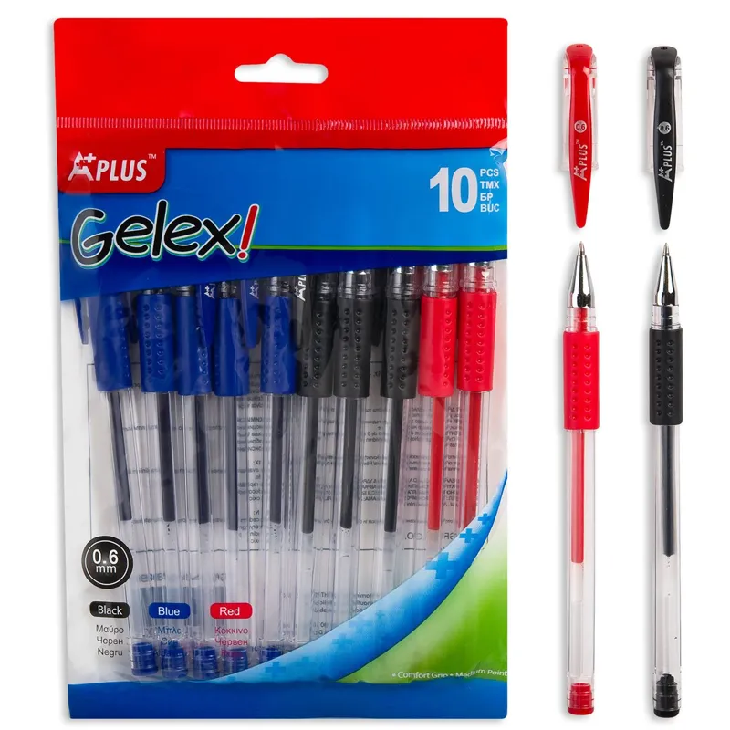 Set 10 Pixuri Gel cu Grip Ergonomic, 0.6 mm, Albastru/Negru/Roșu