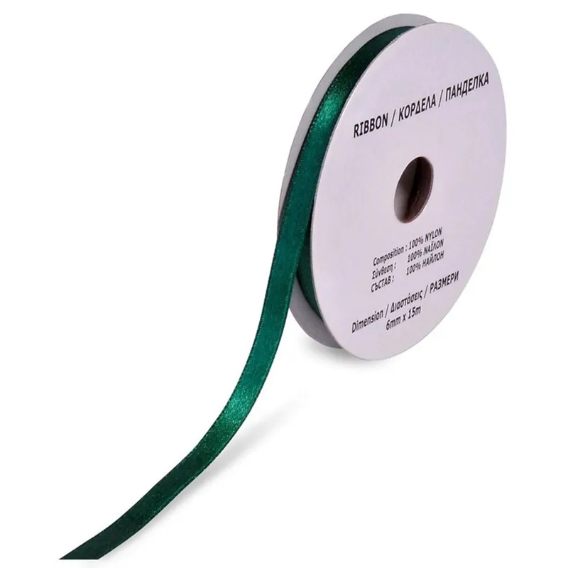 Panglică satinată verde din nylon 15m x 6mm