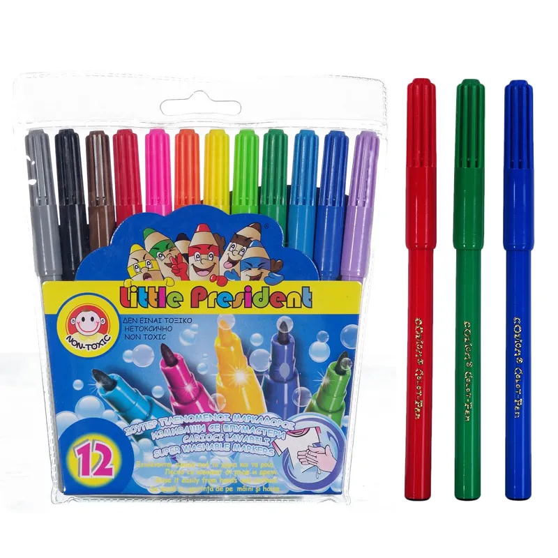 Set 12 Carioci Lavabile cu Vârf Subțire pentru Copii, Culori Asortate