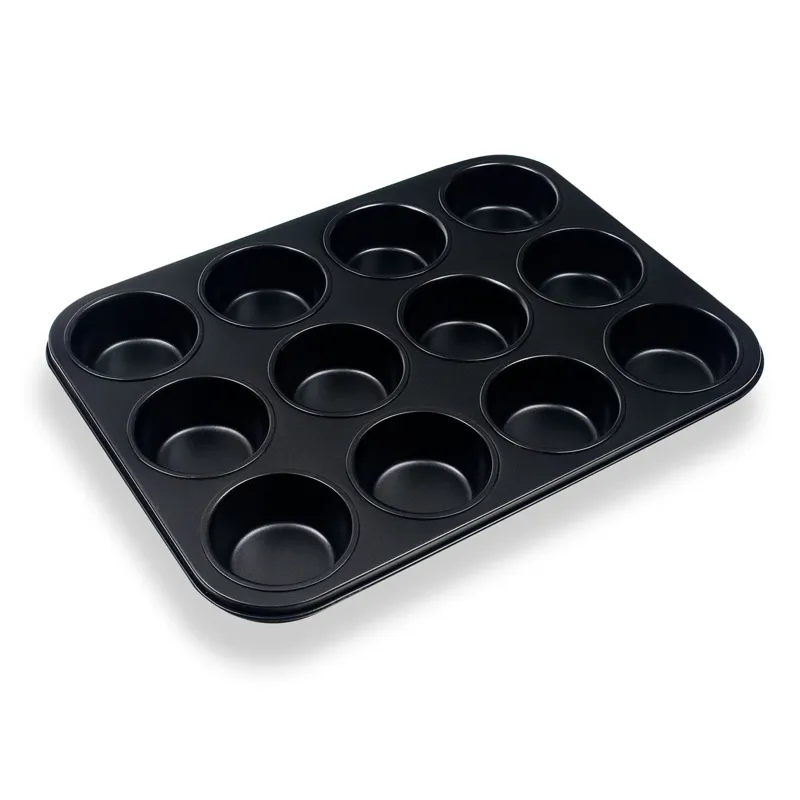 Tava de copt neaderenta pentru muffins si cupcakes, 12 forme, 35x26.5x2.8 cm, neagra