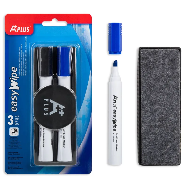 Markere pentru tabla alba cu burete, Set 3 buc, Negru si Albastru
