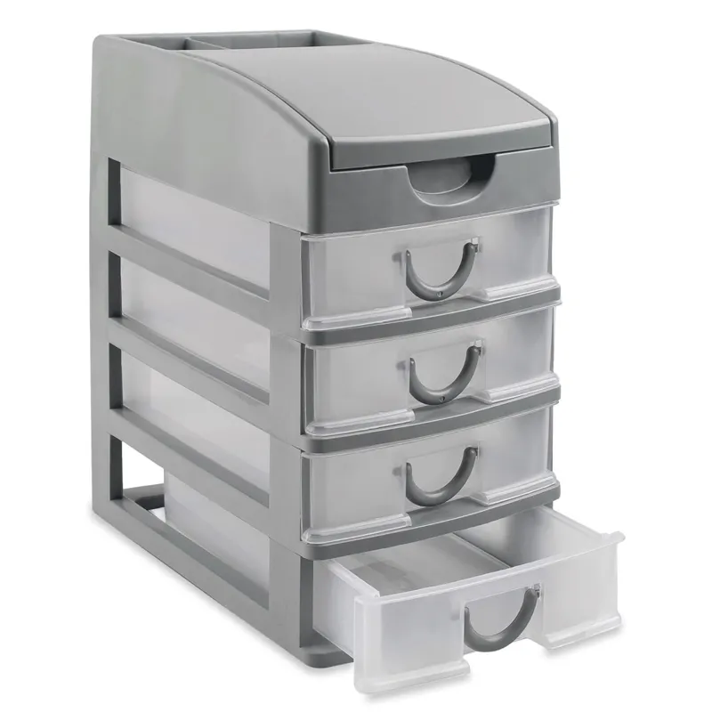 Suport cu sertare de plastic, 4 sertare transparente, 15x22x26 cm, gri