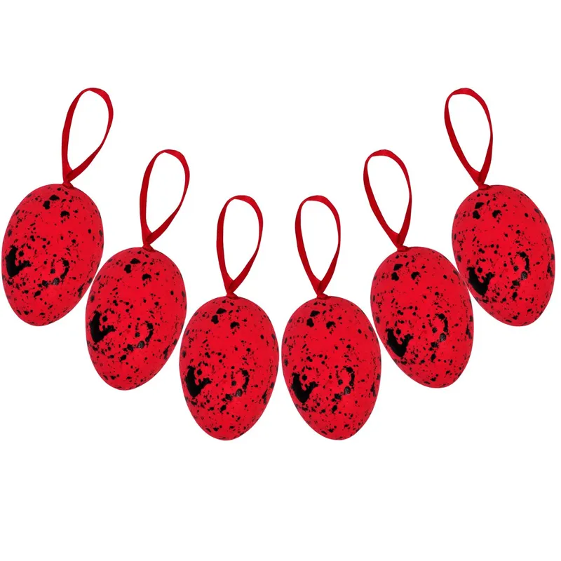 Ouă decorative de Paște, roșii cu detalii negre, 6 cm, set de 6 bucăți