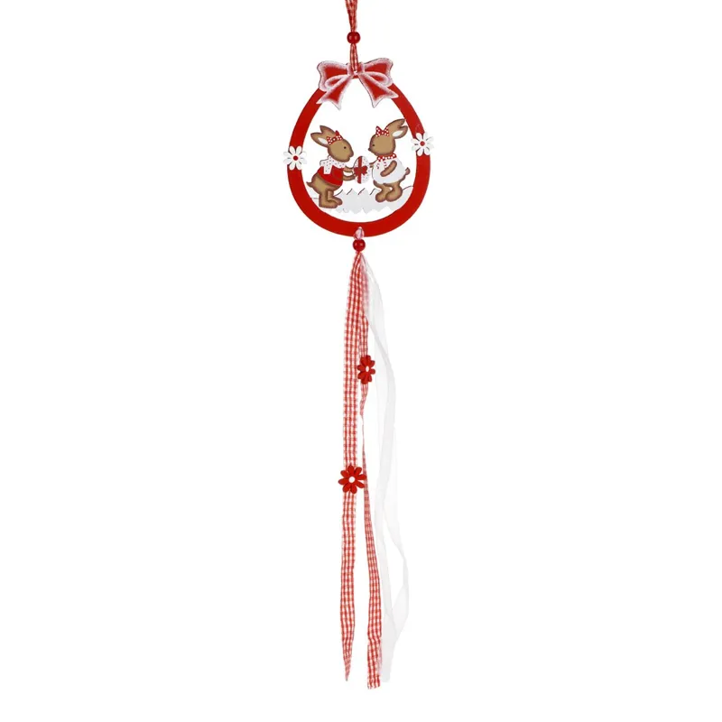Decoratiune suspendabila din lemn de Paste, forma de ou cu iepurasi, 42cm, rosie