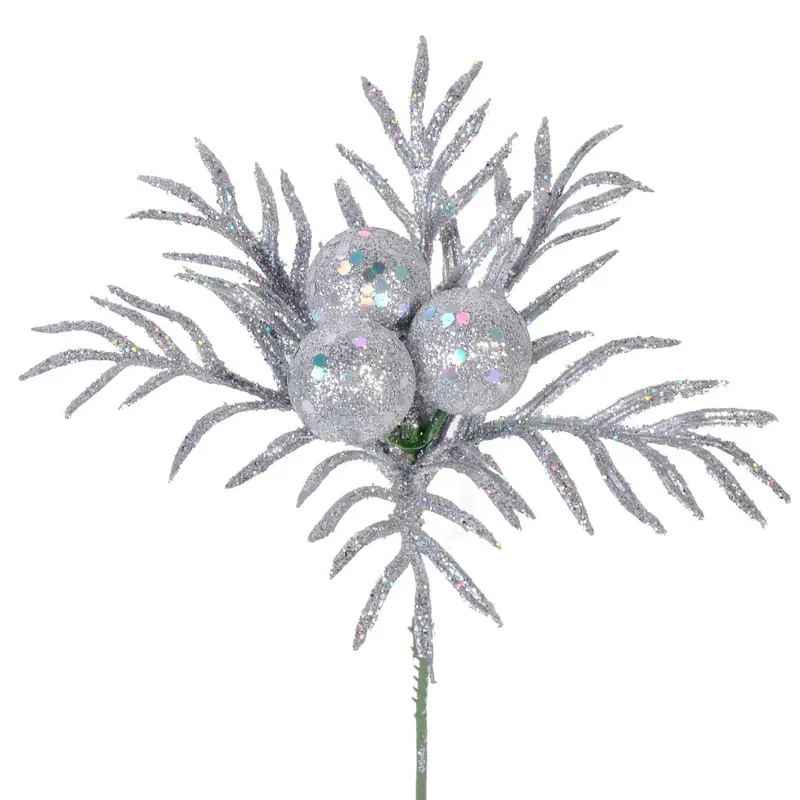 Crenguță Decorativă de Crăciun Argintie cu Glitter, Dimensiune 17cm