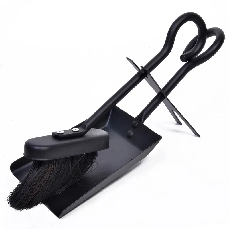 Set perie și făraș pentru șemineu, metalic, negru, 30 cm, 2 bucăți