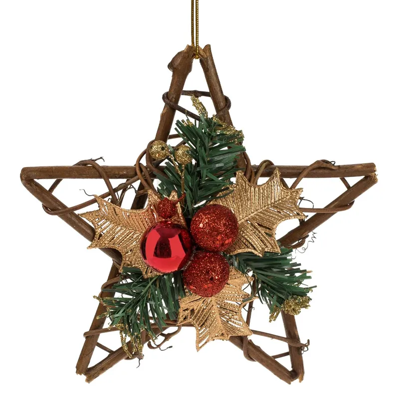 Decoratiune de Craciun Stea cu Ramuri de Pin si Globuri, 20 cm