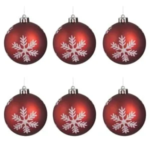 Set Globuri de Craciun Rosii Albe Fulgi Ø8cm - 6 buc