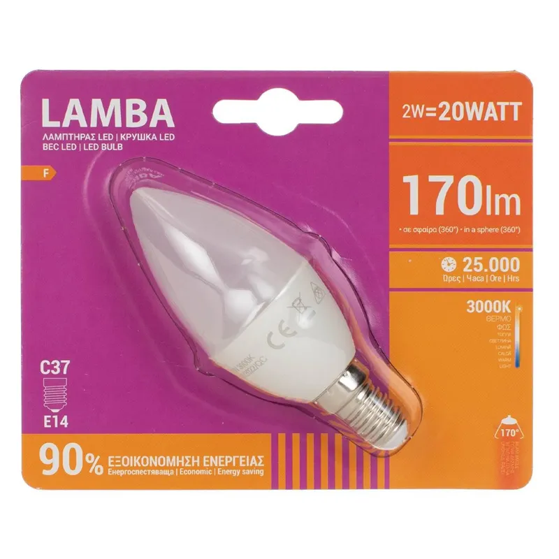 Bec LED E14 2W, C37, Alb Cald, 170 Lumeni, 25.000 Ore, Economisire 90%