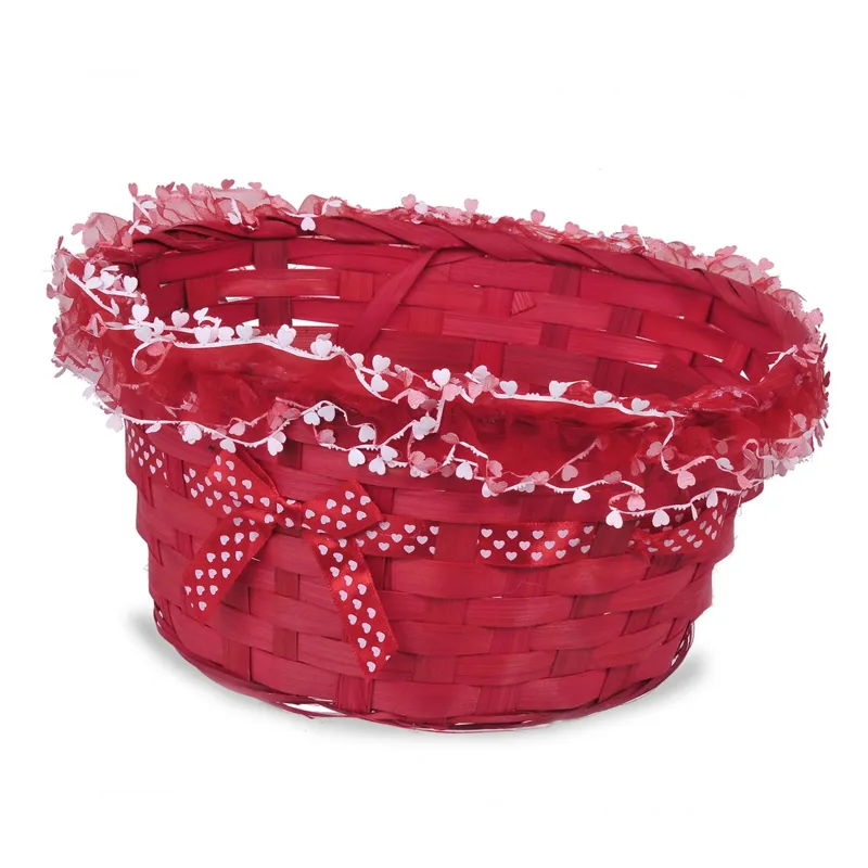 Cos Decorativ Oval din Bambus cu Panglica Rosie, Ø26x12.5cm
