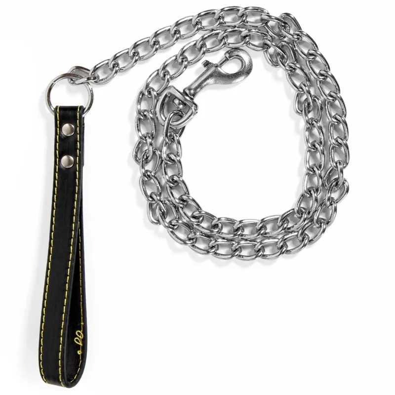 Lant din crom cu maner din piele artificiala pentru caini, 120x4 cm, Negru