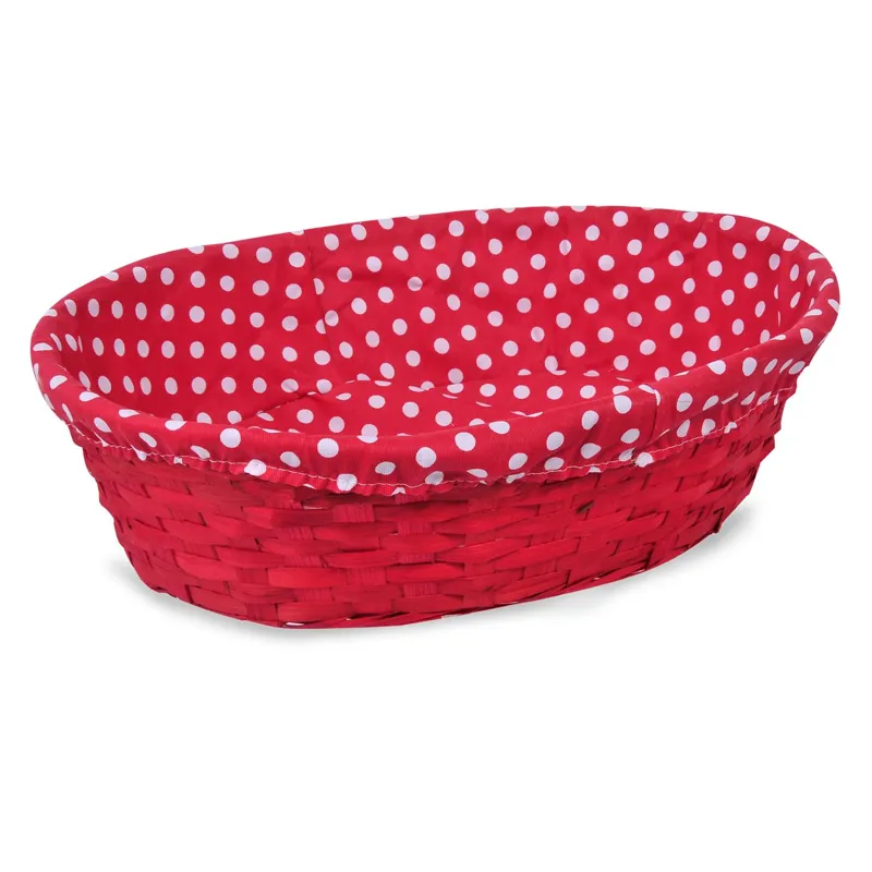 Coș decorativ oval din bambus cu interior textil roșu cu buline, 37x27x10 cm
