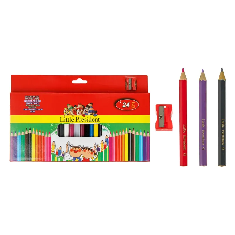 Set 24 Creioane Colorate Mini cu Vârf Gros și Ascuțitoare Inclusă