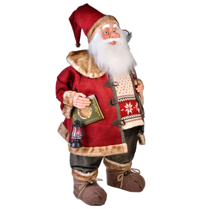Figură decorativă Moș Crăciun cu felinar și carte, dimensiune 81 cm
