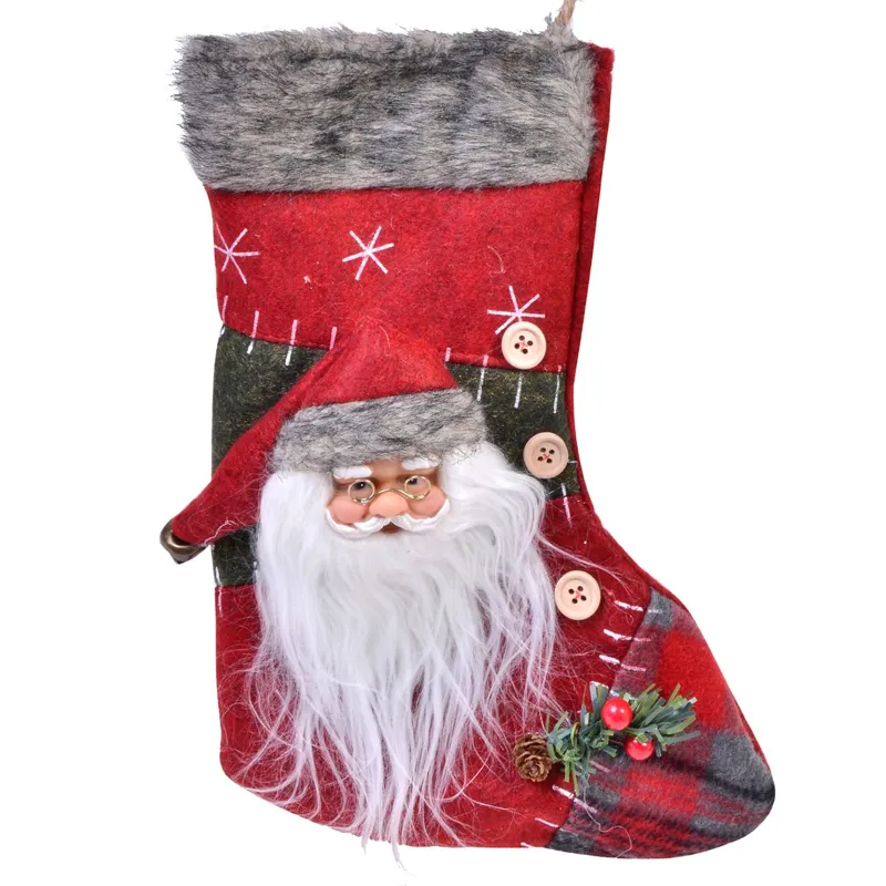 Cizmulita Decorativa de Craciun 3D Rosie cu Carouri Mos Craciun Caciula de Blana 30cm