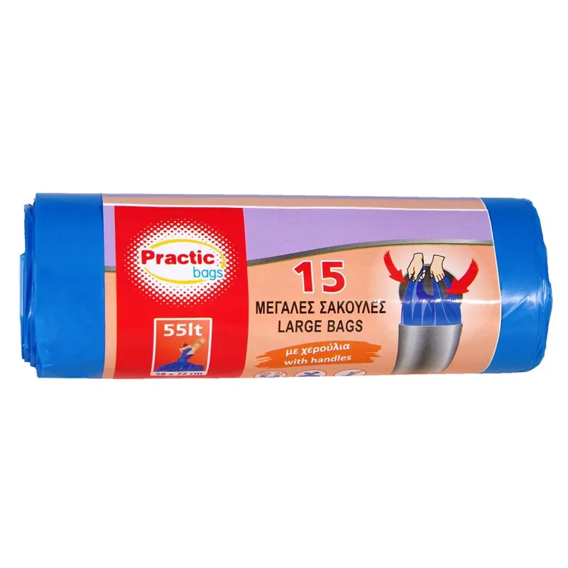 Saci de gunoi cu mânere, 55L, 15 bucăți