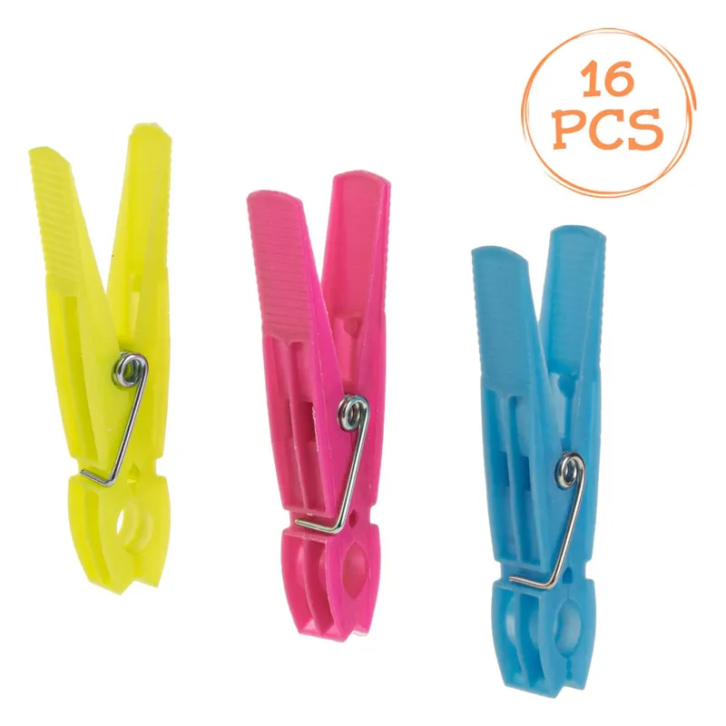 Cârlige din Plastic pentru Rufe, 8cm, 16 Bucăți, Bleu, Fucsia, Verde Lime
