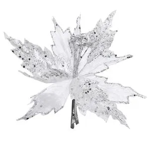 Floare decorativă de Crăciun albă catifelată cu glitter argintiu